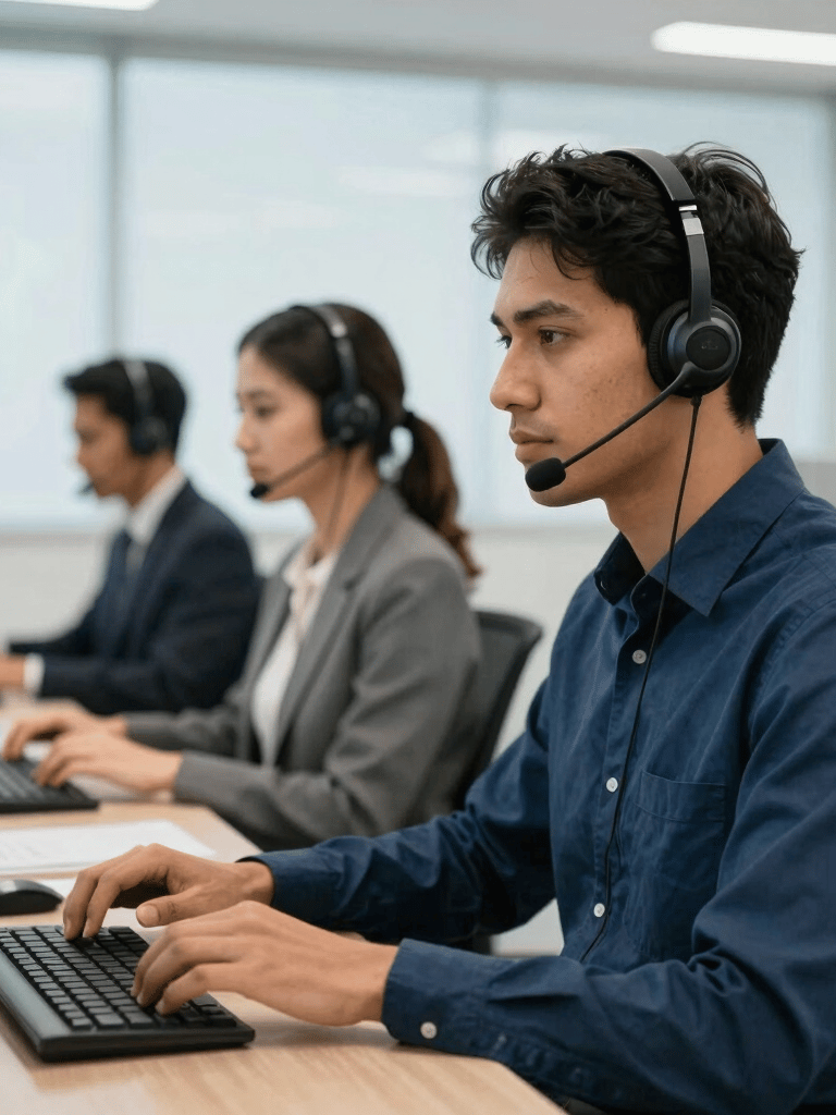 Photography of a modern, bright South American / Brazilian call center office. Professional agents wearing headsets are visible in the background. The lighting is clean and natural, incorporating palette colors like dark blue and light blue.