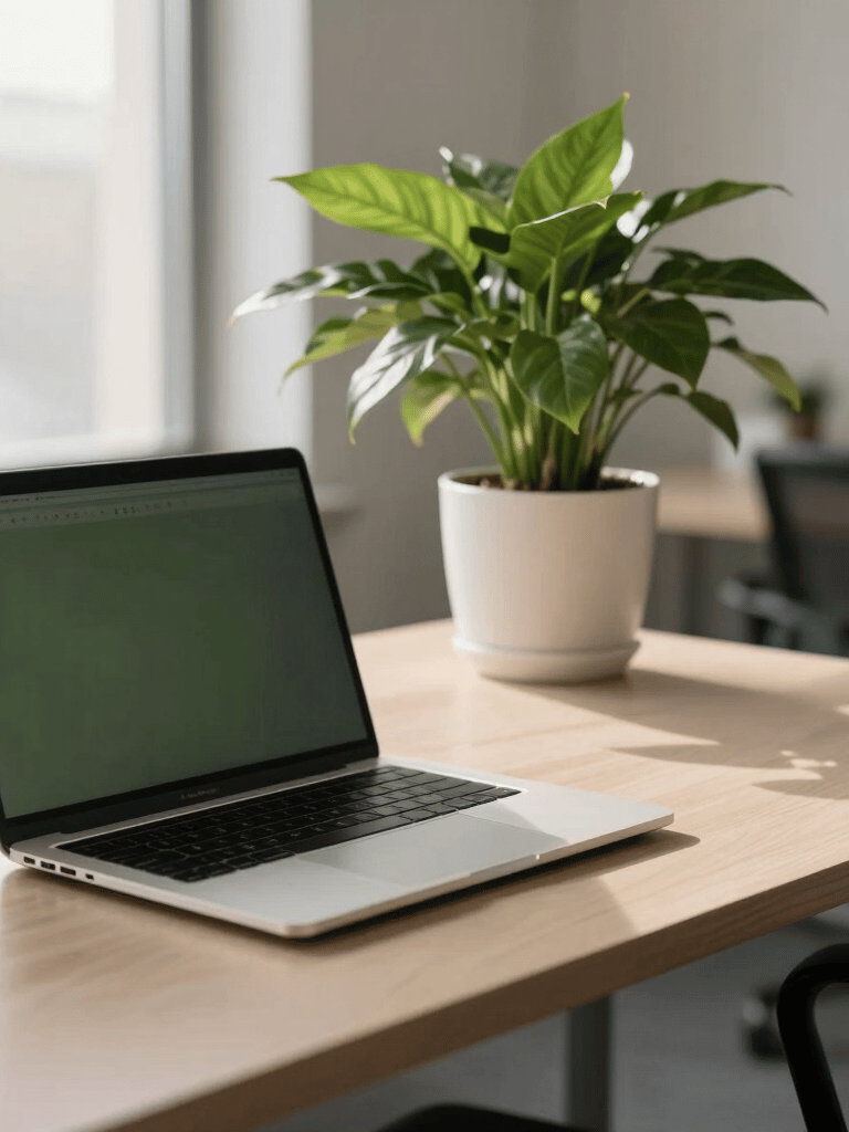 Clean and professional photography of a modern tech workspace in a North American office. A sleek laptop sits on a light taupe desk next to a healthy green potted plant, with soft morning light coming through a window in the background. The atmosphere is sophisticated and innovative, using a palette of bone and deep moss.