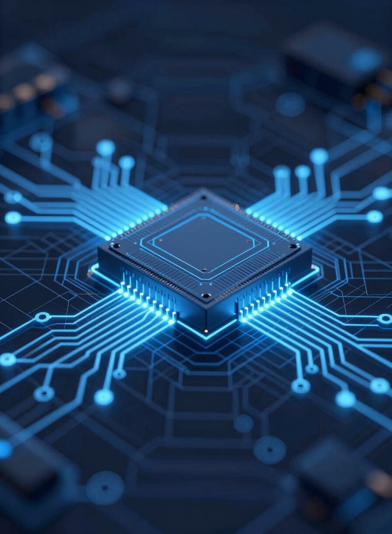 A high-tech 3D technical blueprint of a power electronics system, featuring glowing circuit pathways in #7BA0BF blue against a dark #0F1B2B professional background, showcasing precision and engineering innovation.