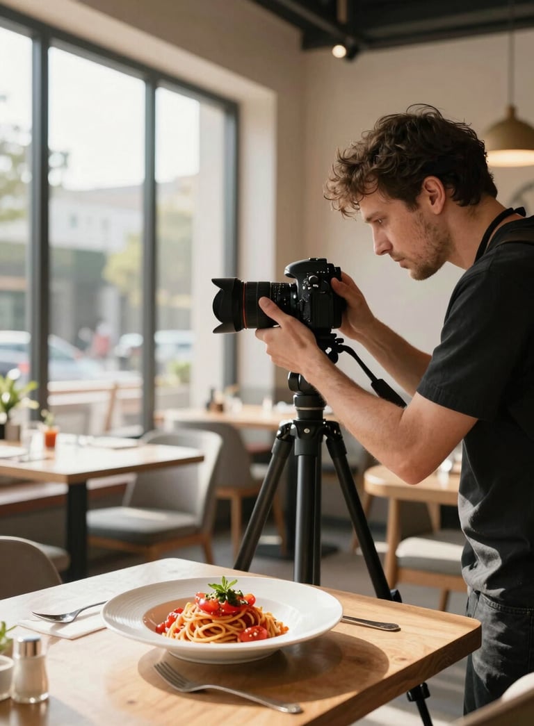 A professional photographer in a North American restaurant, setting up a camera on a tripod to shoot a beautifully plated artisanal tomato pasta dish. Warm afternoon sunlight streaming through large windows, modern Scandinavian decor with light wood, sophisticated and clean composition.