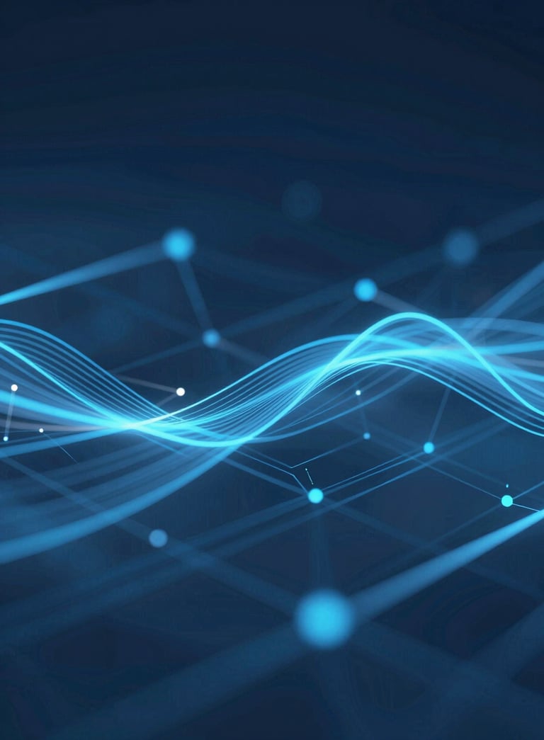 Abstract digital marketing data visualization with glowing blue lines and geometric shapes. High-tech, professional atmosphere incorporating #4A7C9F and #243441 colors.