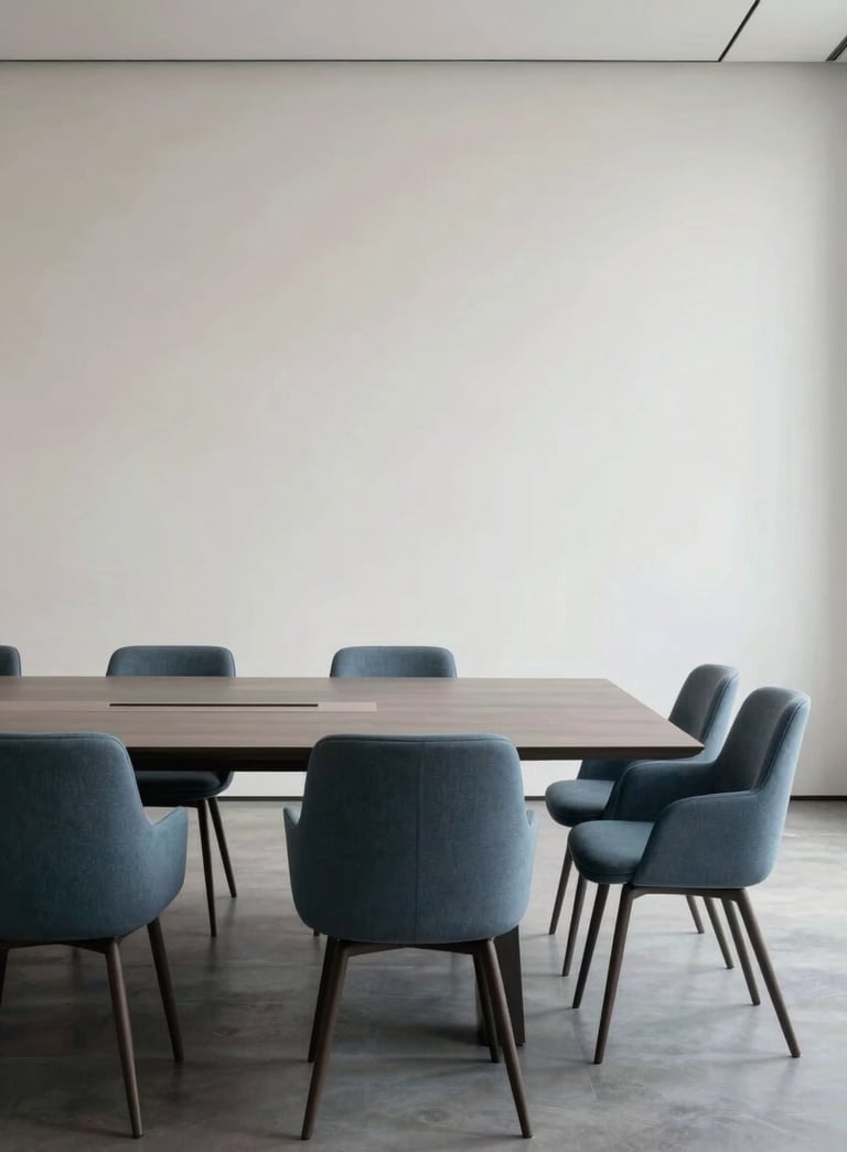 A wide-angle, minimalist photography of a modern boardroom with a sleek table and slate blue chairs. The background is a crisp soft off-white gallery wall. Professional and serene atmosphere.