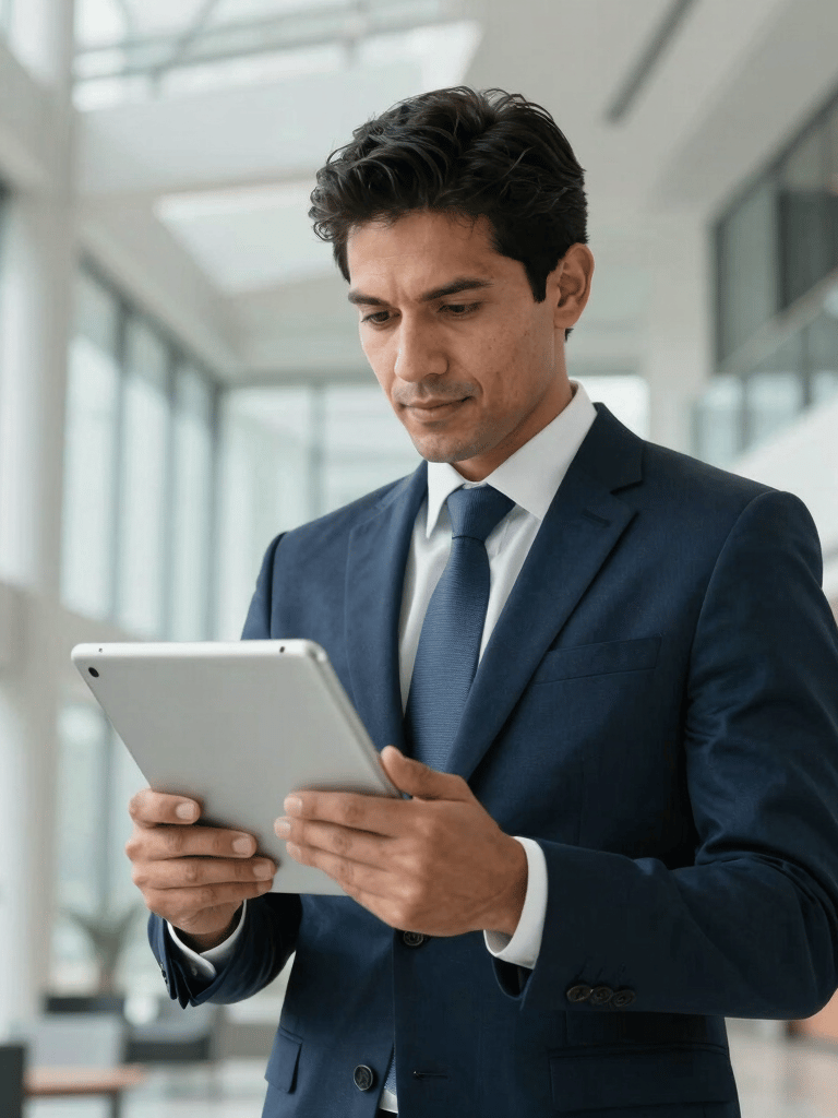 A professional Hispanic businessman in a sharp navy suit looking confidently at a tablet in a bright, modern corporate lobby with high ceilings and glass walls, natural soft lighting.