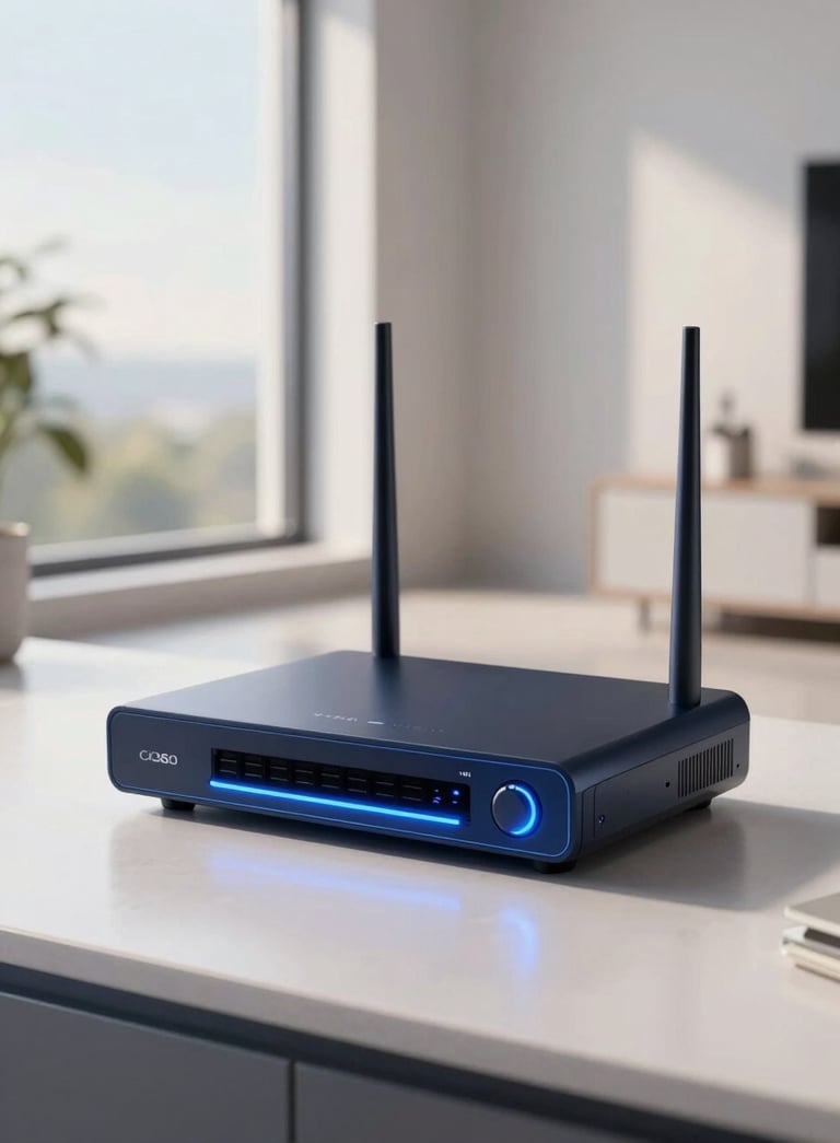 A sleek, modern Global apartment with a high-end router glowing with a Steel Blue light, soft morning sunlight through large windows, high-resolution professional photography.