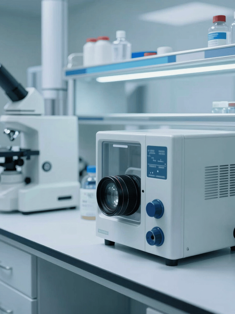 A professional clinical laboratory interior in North America, featuring clean white surfaces, stainless steel medical equipment, and soft ocean blue lighting.
