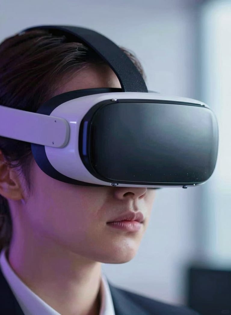 A close-up photograph of a professional in a modern North American / International office wearing a sleek VR headset, with soft deep purple and light blue ambient lighting reflecting off the glass lenses.