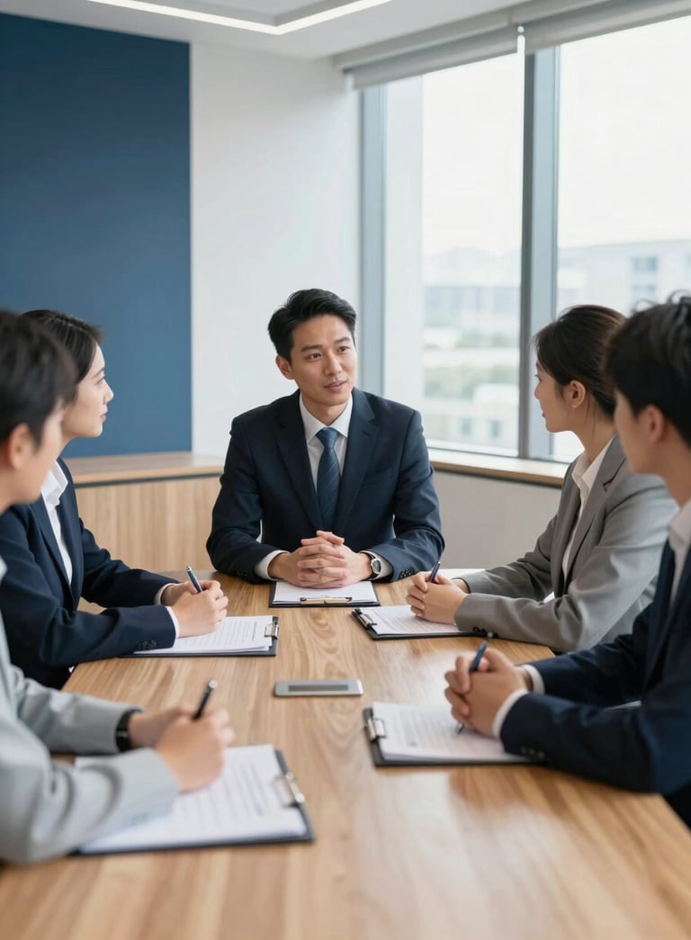 A professional business meeting in a bright, modern North American office. A financial advisor is speaking with clients over a wooden table. The room has large windows and hints of navy blue and light blue decor.