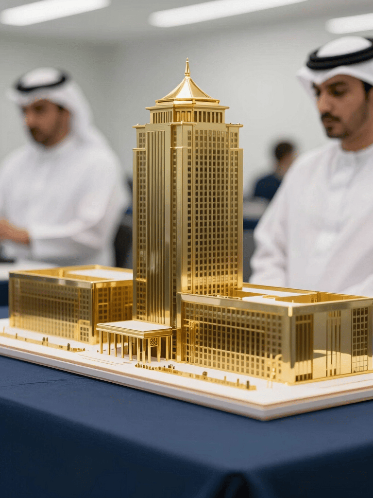 Close-up of a high-end architectural model with gold details on a navy blue table, professional corporate environment, Middle Eastern / Gulf setting, bright lighting.