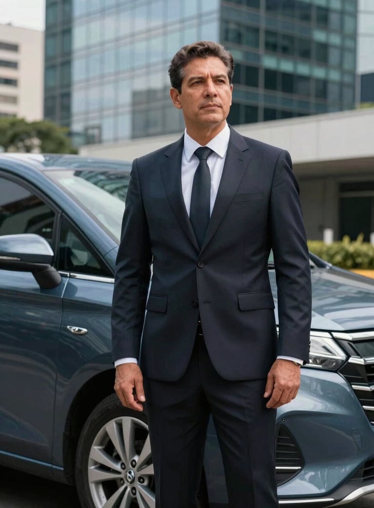 A sophisticated chauffeur in a dark suit standing professionally next to a high-end vehicle, South American / Brazilian urban backdrop with modern glass buildings, soft natural lighting, steel blue and dark charcoal tones.