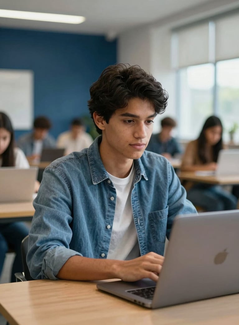 A focused South American student sitting in a modern, well-lit study space with a laptop, looking confident and inspired, with a blurred background showing an innovative educational environment, featuring deep blue accents.