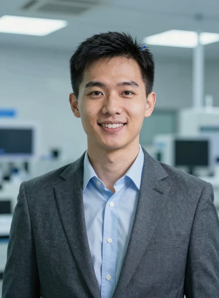 A professional and friendly portrait of Đinh Khắc Việt (Harry Borison) in a modern academic setting at PCCU. He is wearing professional attire, with a background that suggests a high-tech lab. Lighting is soft and bright, incorporating #ECF0F1 and #2C3E50 tones in the surrounding elements.
