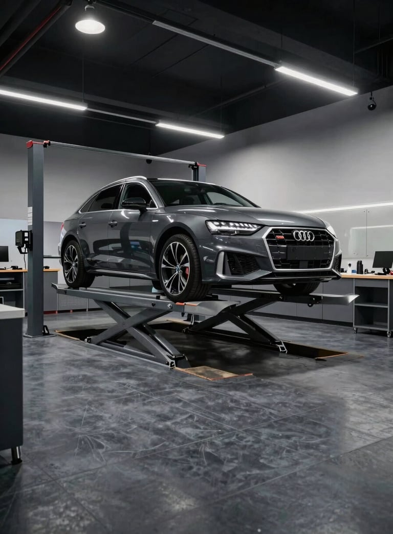 A premium Audi and Volkswagen service workshop interior with a dark slate grey floor, featuring a sleek modern car on a lift, illuminated by focused soft white spotlights.