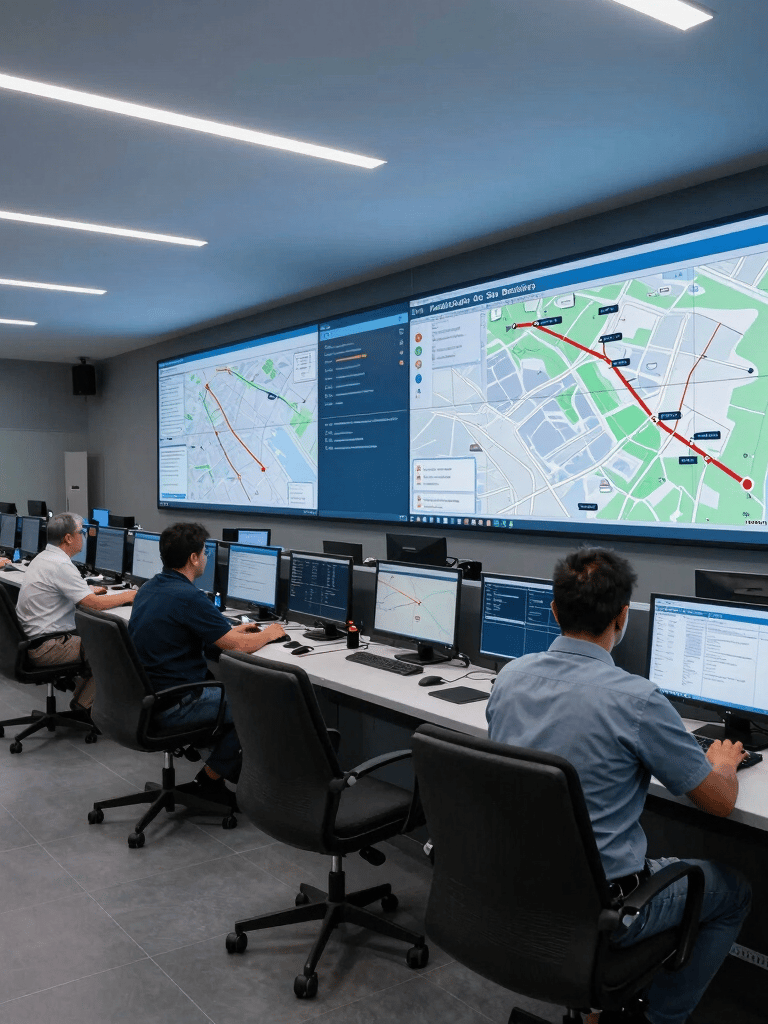 Wide shot of a modern, high-tech logistics dispatch center in a Brazilian city. Professionals are monitoring large screens with maps and delivery routes. Navy blue and grey blue lighting, professional atmosphere. América do Sul / Brasileiro.