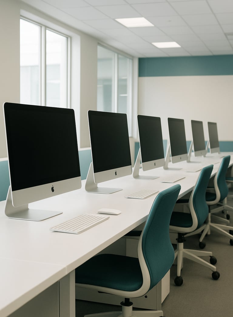A high-key wide shot of a bright, professional AI lab in the US featuring a row of sleek Apple Macs. The environment is clean and sophisticated, reflecting a high standard of professional excellence with teal and off-white accents.