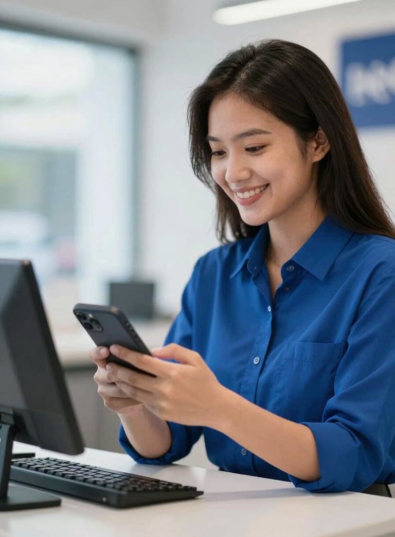 A high-quality photo of an smiling young Indonesian entrepreneur using a smartphone to manage transactions in a bright, modern kiosk. The scene feels empowering and efficient, featuring the brand colors #1C2E4A and #2E6A8A.