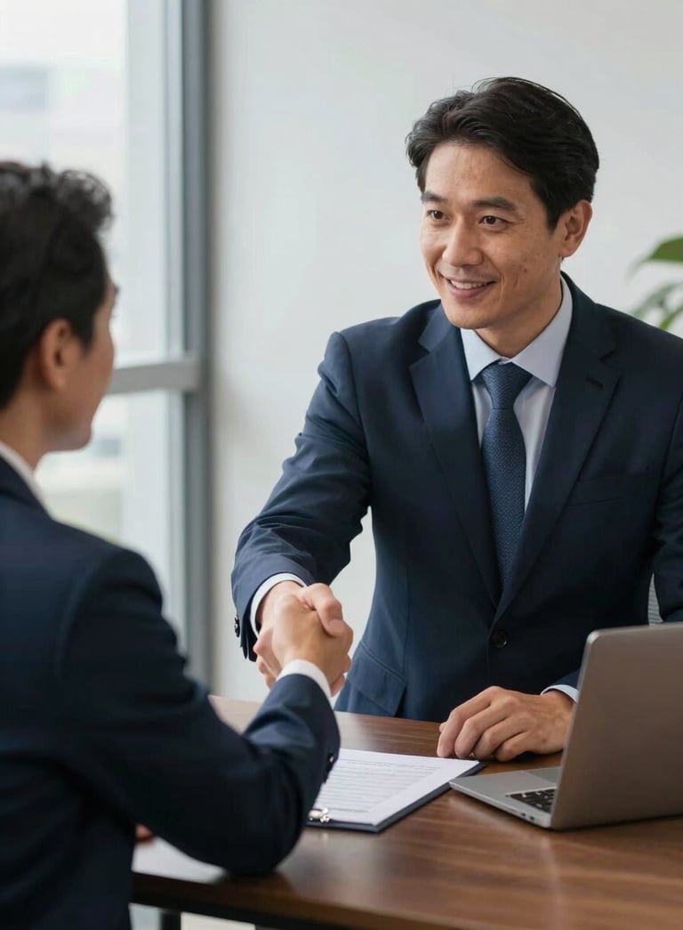 A South American / Brazilian consultant shaking hands with a client across a desk in a professional Navy Blue and Steel Blue office environment, soft daylight.