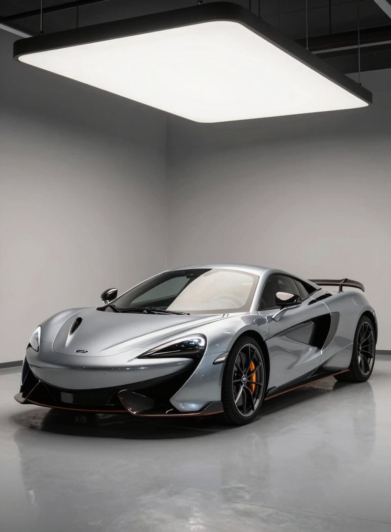 A sleek modern sports car parked in a minimalist North American garage with soft overhead lighting, highlighting the metallic silver finish and clean lines. Professional automotive photography style.