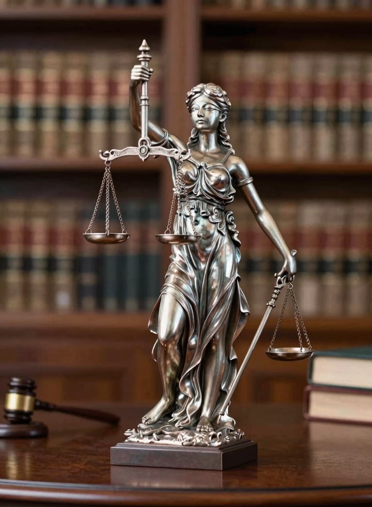 Elegant silver scales of justice sitting on a dark wood law library desk, blurred background of legal books, South American architectural style, lighting creates a professional and serious mood.