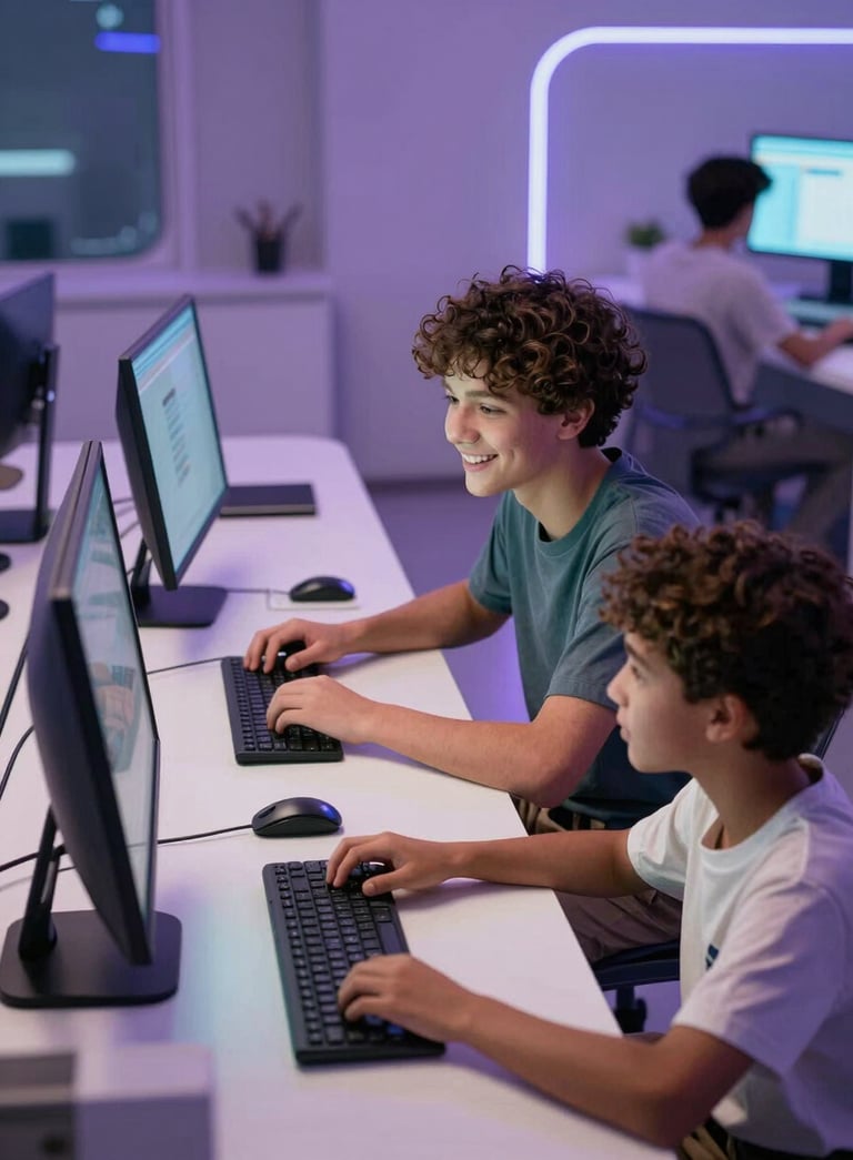 A high-angle shot of a student happily interacting with a futuristic, light-filled educational workspace featuring soft purple ambient lighting and sleek technology. Global / English-speaking.