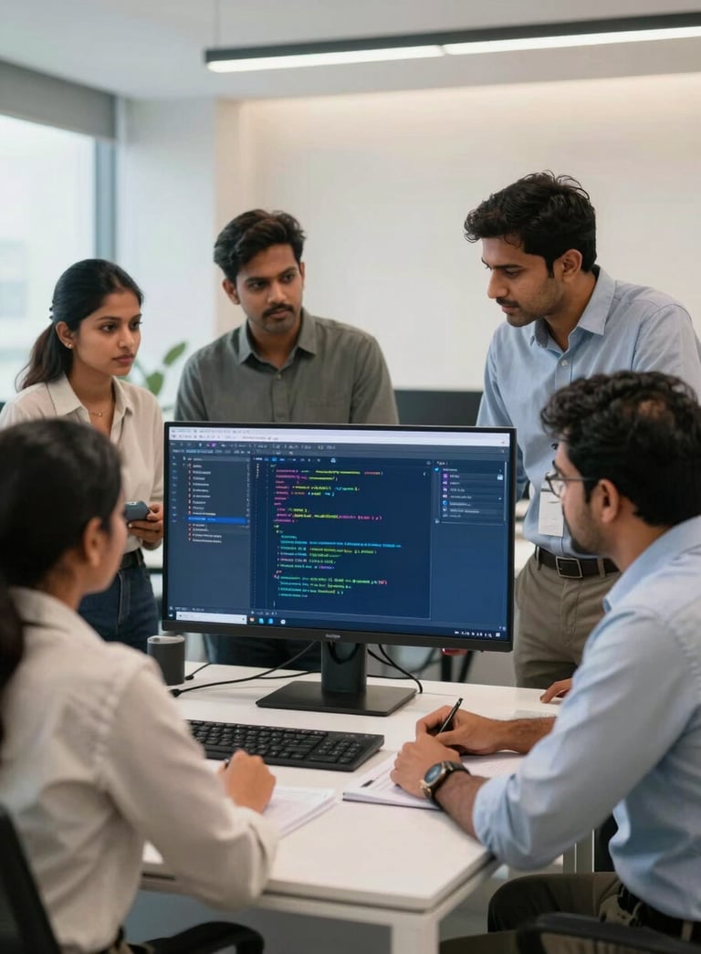 A modern, bright corporate office in Chennai, South Asian professionals collaborating around a large computer monitor displaying software code, clean and professional setting with off-white and deep blue accents.