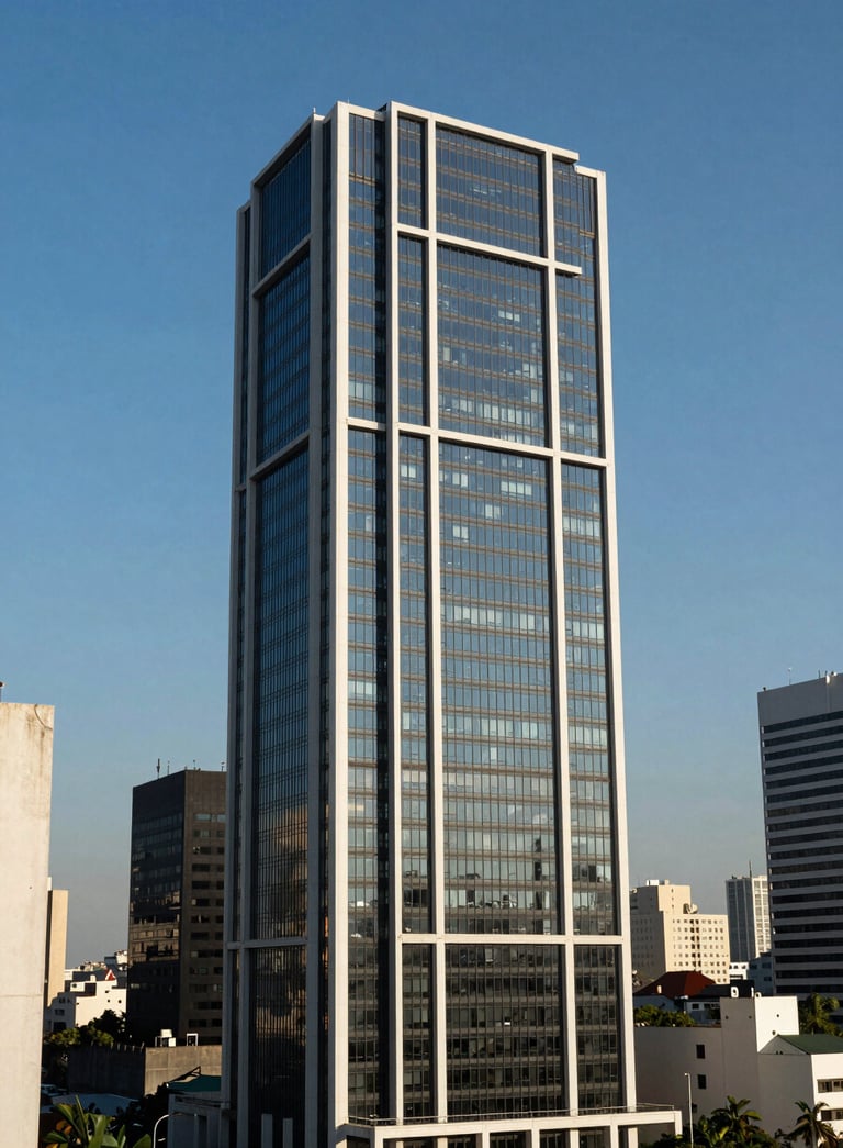A high-angle architectural shot of a modern glass skyscraper in a financial district of a Latin American capital, clear blue sky, professional photography, colors including dark blue and off-white.