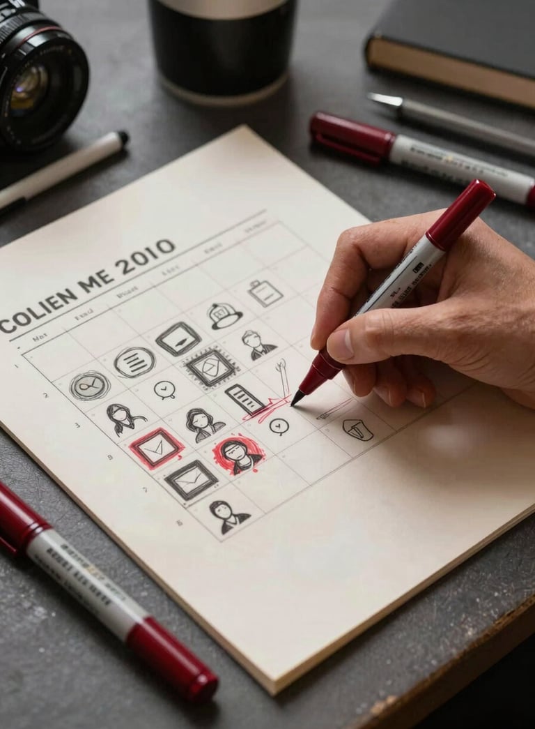 A close-up photography shot of a designer’s hand sketching a social media content calendar on a Crisp Parchment colored paper. Deep Ripe Crimson markers and office supplies are scattered in a high-contrast, stylish North American studio setting.