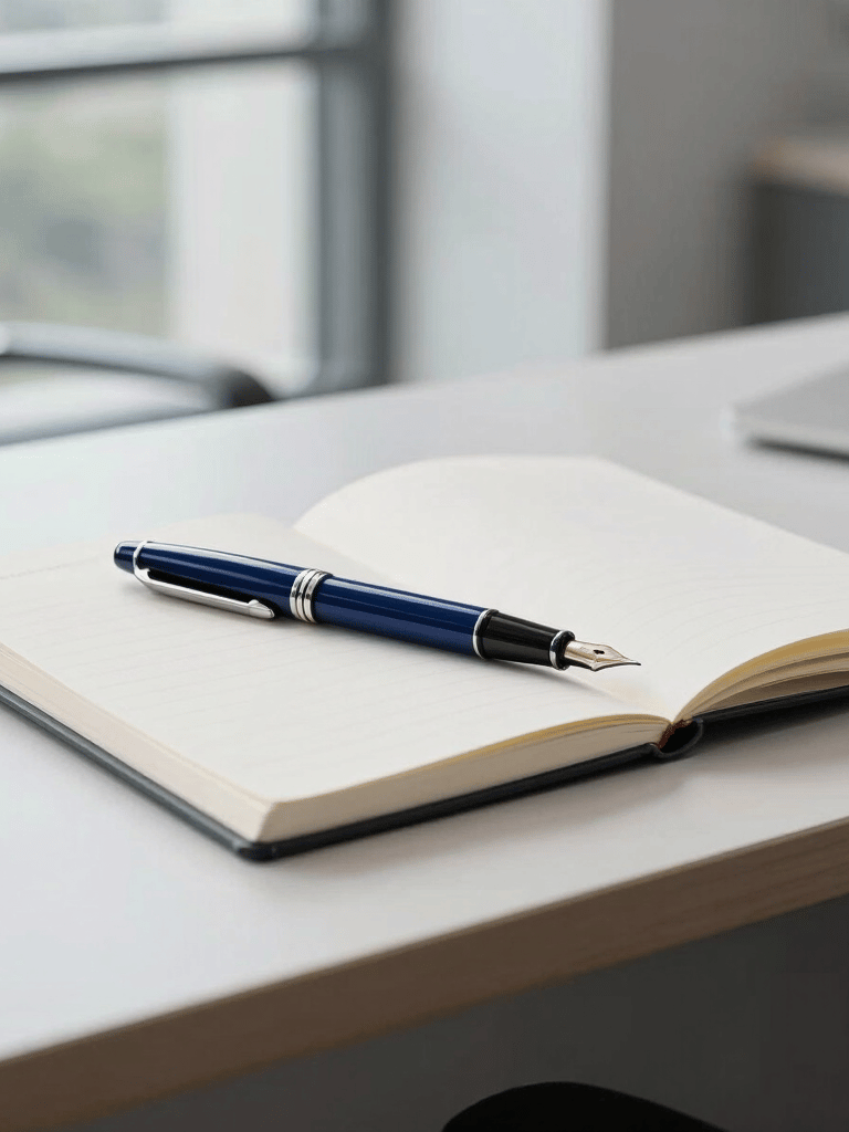 A professional, minimalist photograph of a high-end executive desk in a bright North American office. A polished navy blue fountain pen lies next to a crisp white notebook. In the background, a blurred view of a modern glass window allows soft daylight to enter. The composition is balanced and precise, using a palette of off-white, light grey, and deep navy.