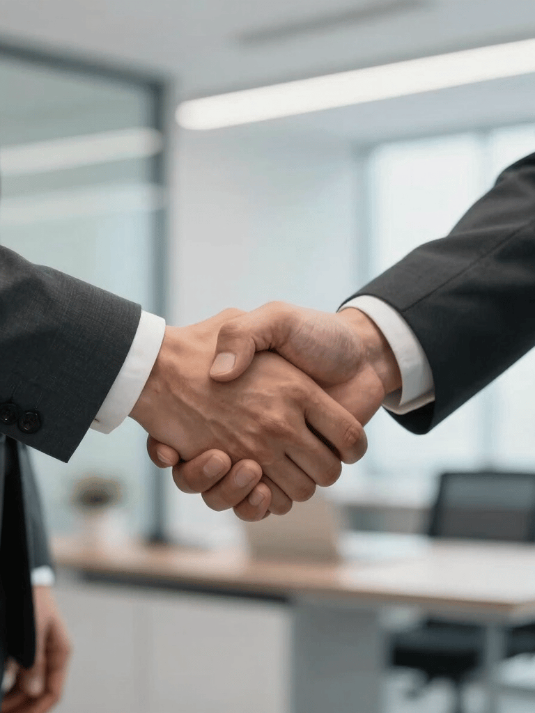 A close-up photograph of two professionals in corporate attire shaking hands in a sleek, modern Southeast Asian office setting. The composition is focused on the handshake to symbolize trust and partnership, with soft Gray Blue and Off-White colors in the background.