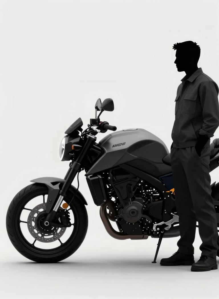 A sleek, modern motorcycle silhouette against a clean #F5F5F5 background with a professional mechanic standing nearby in a consulting role. Sharp, structured composition with high-end photographic quality, utilizing colors #1F1F1F and #606060.