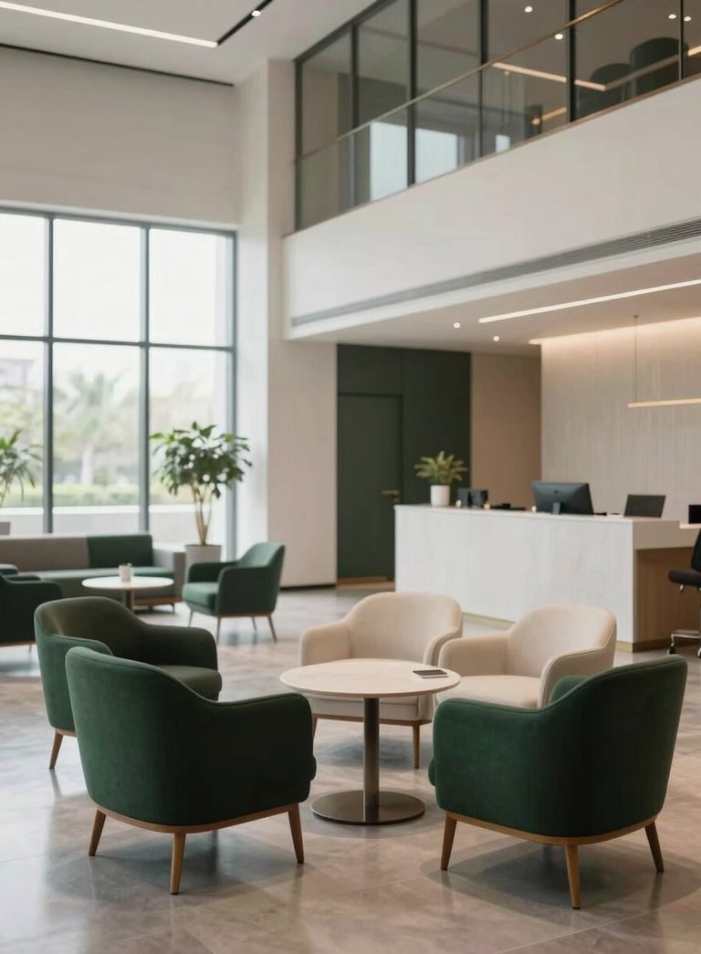 A sophisticated, clean photograph of a modern office lobby in a South Asian / Indian corporate setting. The interior design features polished floors and minimalist furniture in Dark Forest Green and Soft Off-White tones. Soft, natural light streams through large windows.
