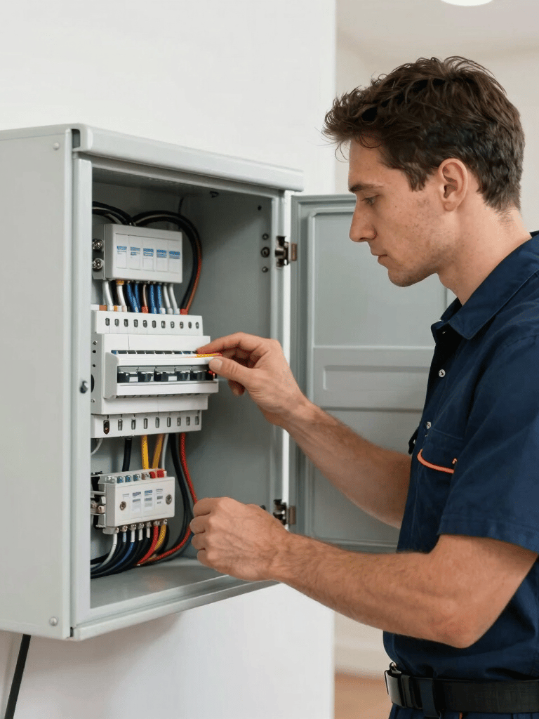 A professional electrician in a clean uniform inspecting a modern electrical panel in a North American home. The lighting is bright and clear, emphasizing safety and precision, with a color palette of navy blue and white.