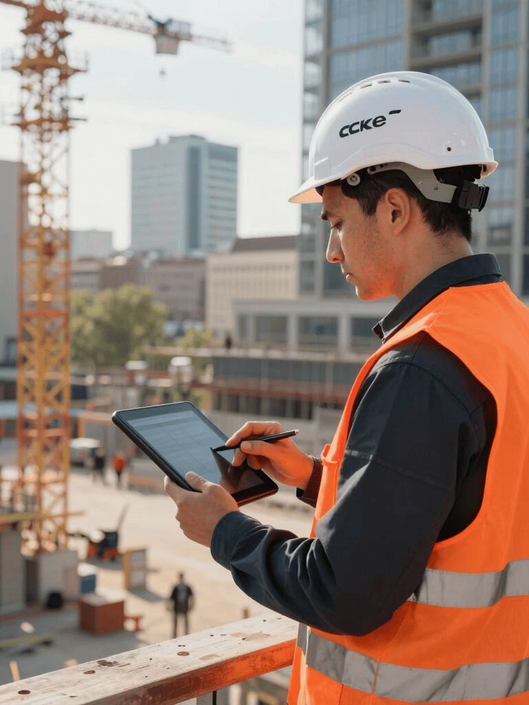A professional site manager in a high-visibility orange vest and white helmet, holding a digital tablet and looking over a busy construction site in a Central European / German city, morning sunlight, professional architectural photography.