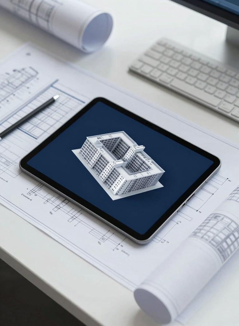 A top-down view of a professional engineering desk. Blueprints for HVAC systems and a tablet showing a 3D building model are visible. The lighting is crisp and modern, with a professional atmosphere utilizing brand colors #1E2A38 and #AAB7B8.