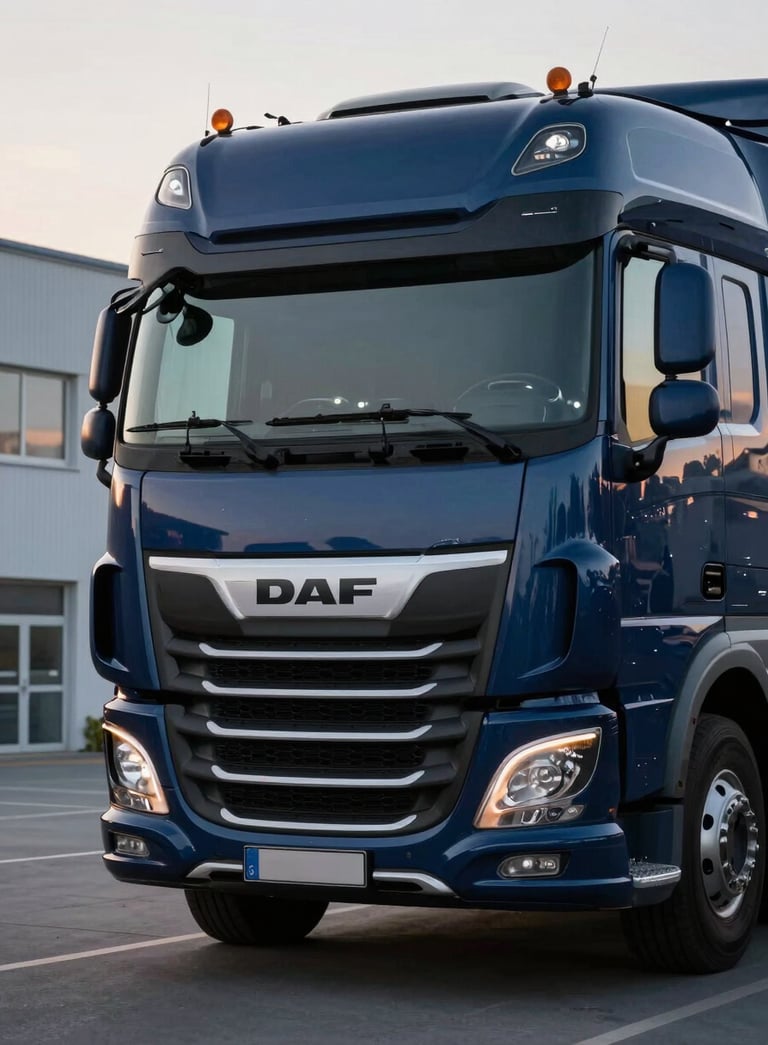 A close-up of a sleek, navy blue DAF xf 480 truck front grill with a professionally painted logo, minimalist lighting in a modern Central European / Polish logistics hub at dusk, soft off-white highlights.