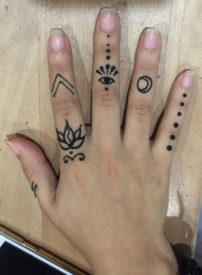 jagua tattoo symbols on hand: lotus flower, eye of horus, moon and sun