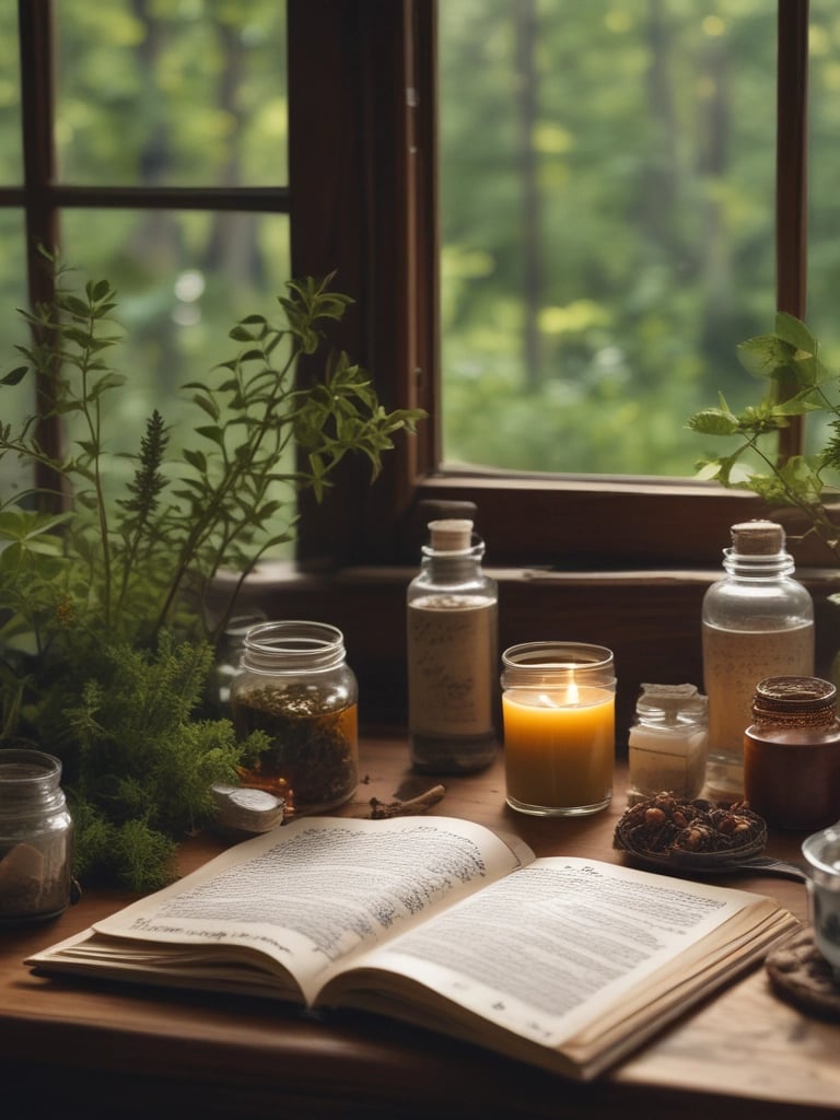 a book open book with a candle and herbal jars