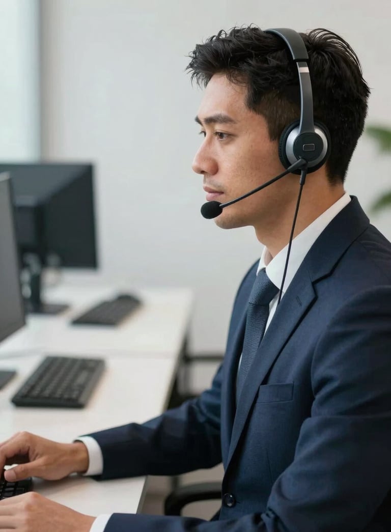 A professional South American / Brazilian customer service representative wearing a sleek modern headset, working in a clean office with a blurred background of tech equipment, soft daylight, palette of navy and white.