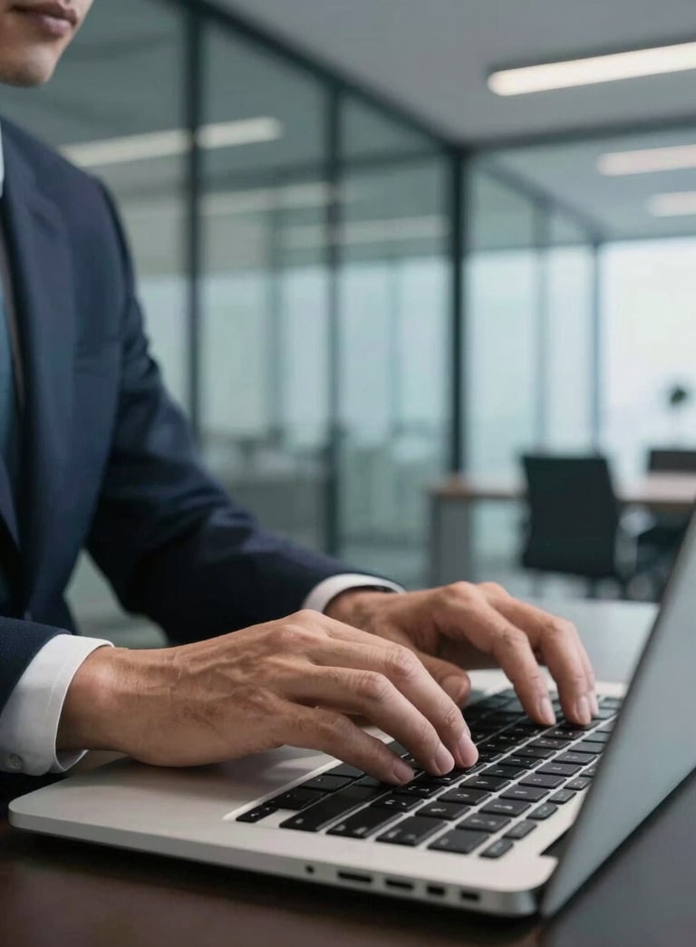 A sharp, professional close-up of a business professional’s hands typing on a high-end laptop in a modern glass-walled office in North America. The scene uses a palette of dark navy and light blue tones from the office environment.