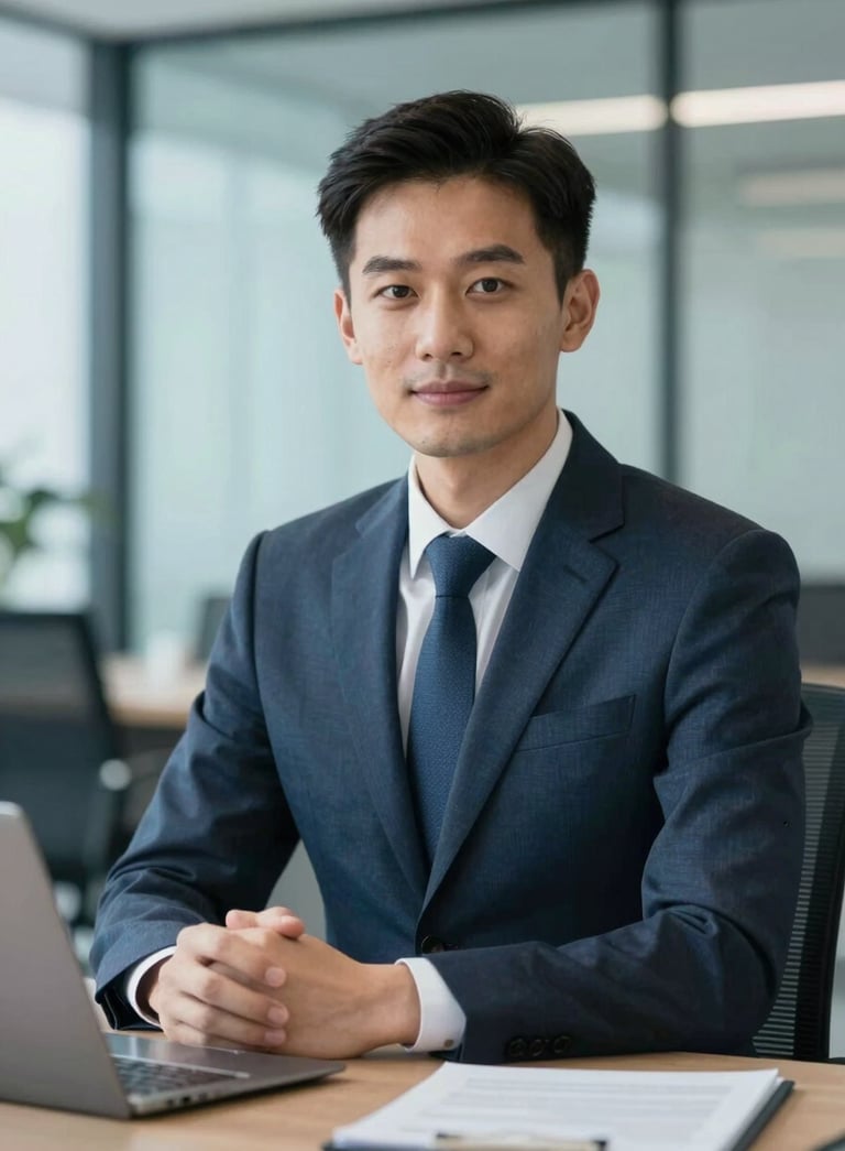 A professional financial advisor in a sharp suit, sitting in a clean modern office, looking confident and trustworthy, background featuring architectural glass in #0A1C2C and #3D6B90 shades.