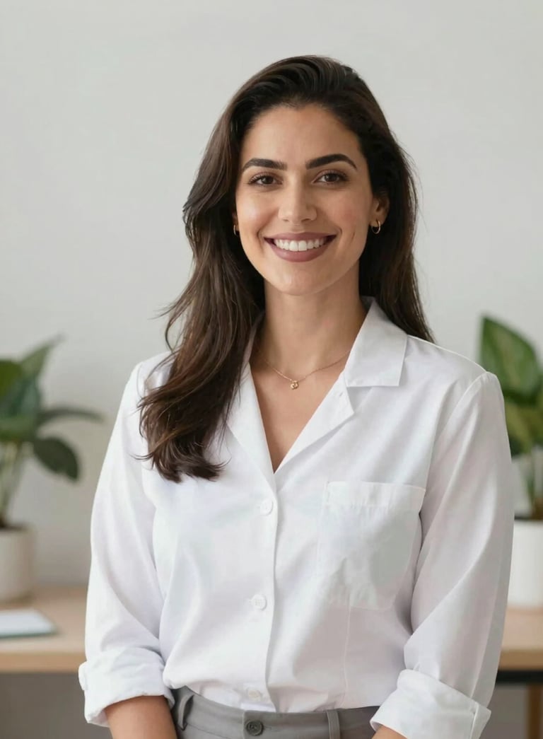 A professional portrait of Thalia Tavares Silva, a nutritionist, smiling warmly in a bright, modern consultation room. Minimalist decor with hints of green plants. Professional, approachable mood. Lighting is soft and natural.