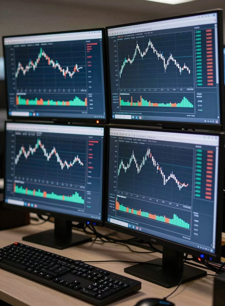 A close-up photograph of a professional multi-monitor trading station in a North American office. The screens display clean candle charts and technical indicators in shades of deep blue and grey, illuminated by low-key ambient light.