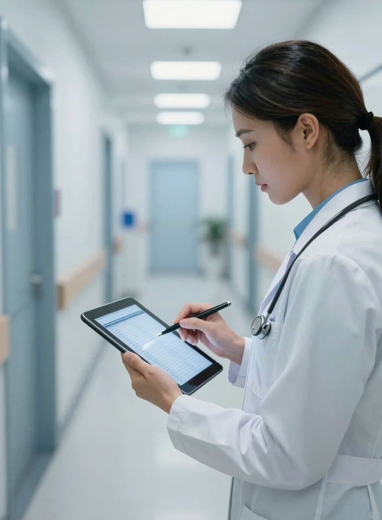 A medical professional in the US using a tablet to review patient data in a bright, modern clinic hallway. The lighting is clean and professional with Sky Blue tones.
