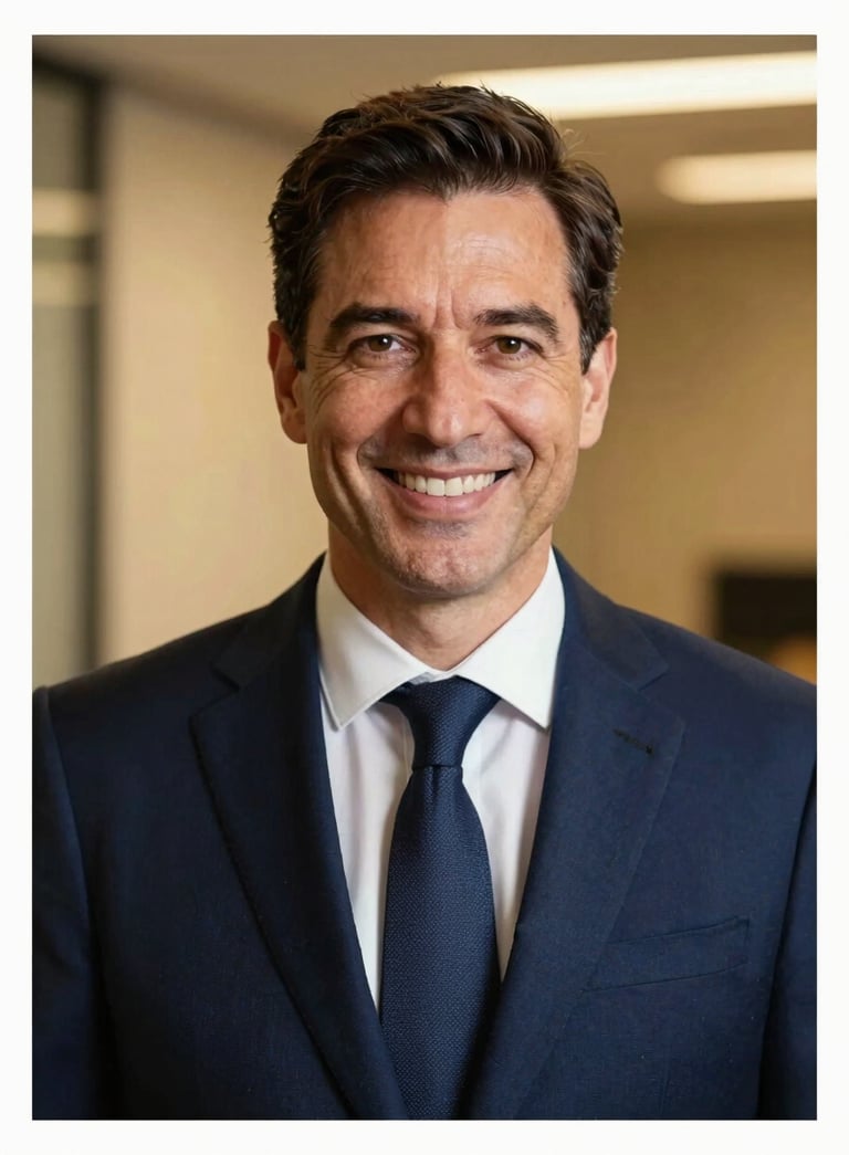 A close-up of a professional mentor in a deep navy blue suit, looking at the camera with a supportive and authoritative smile. The background is a soft-focus office with golden yellow highlights.