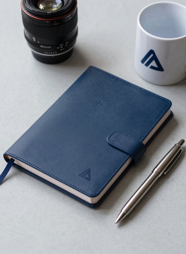 A high-quality assortment of corporate gifts including a dark blue agenda, a metal pen, and a ceramic mug, all featuring a professional logo, set against a light grey surface.