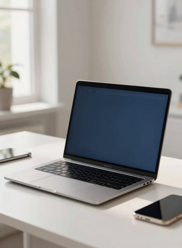 A clean and professional workspace featuring a high-end laptop on a desk, soft morning light in a modern Central European / German home office, with Dark Slate Blue and Soft Cloud White accents.