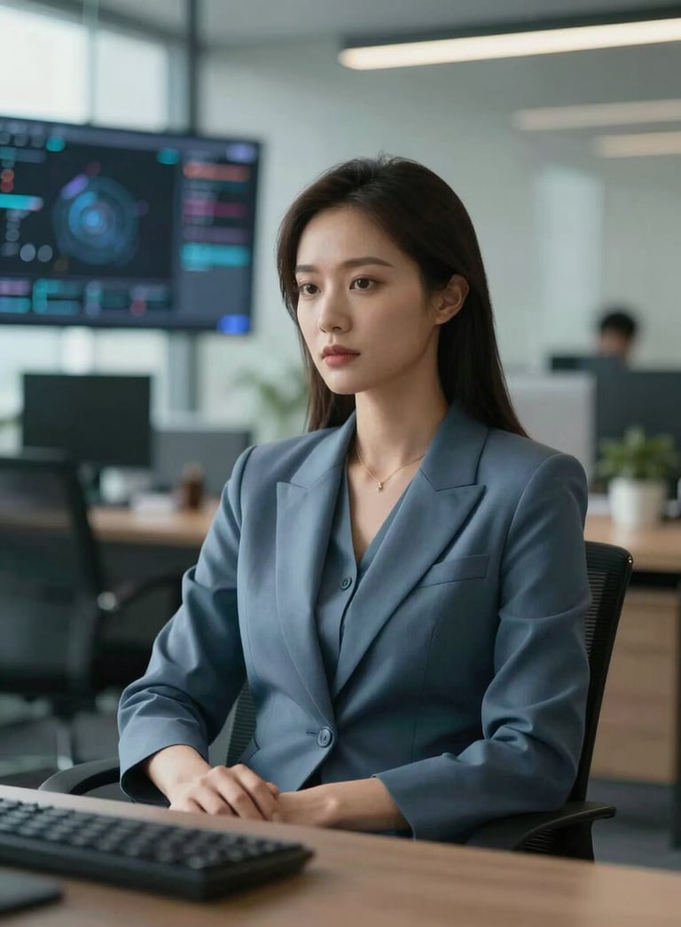 A sophisticated professional sitting in a modern North American / US office, blurred high-tech digital elements in the background, soft morning light, dressed in Slate Blue attire, focused expression, cinematic photography style.