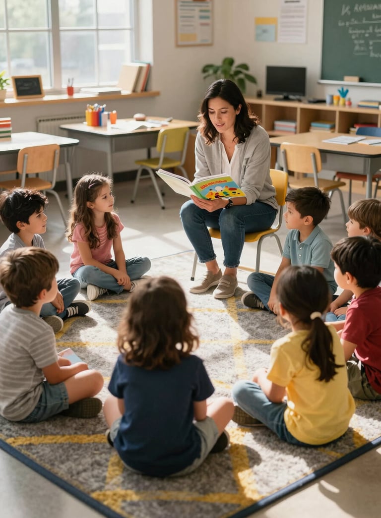 A sun-drenched North American / US preschool classroom. A teacher is sitting on a low chair reading a colorful storybook to a group of attentive children sitting on a grey and yellow patterned rug. The atmosphere is warm and nurturing.