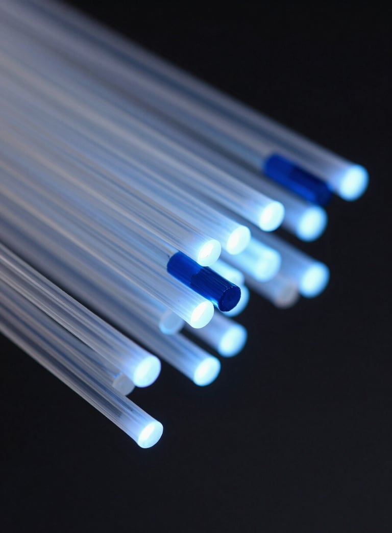 A sophisticated abstract close-up of optical fibers glowing with soft blue and deep navy blue light, representing high-speed data flow. Clean, sharp focus with a minimalist Scandinavian aesthetic.