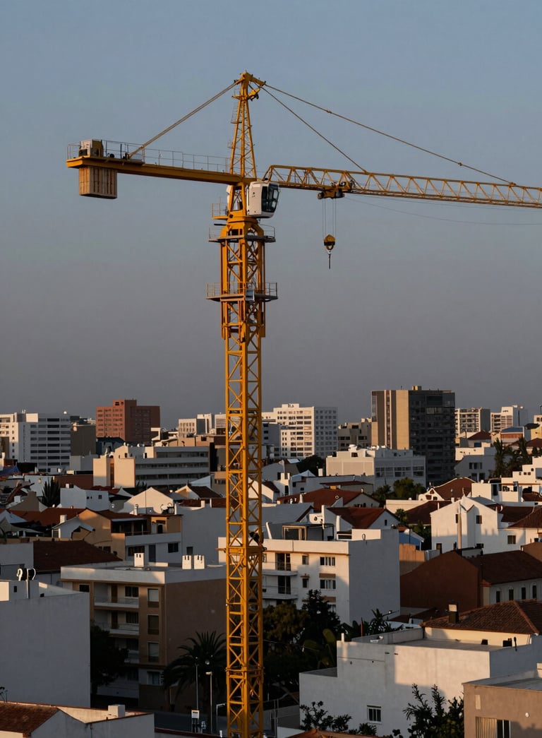 A high-angle professional photograph of a large yellow construction crane operating in the Cordoba cityscape at dusk. The sky has muted blue grey tones, and the machine reflects soft professional off-white light.
