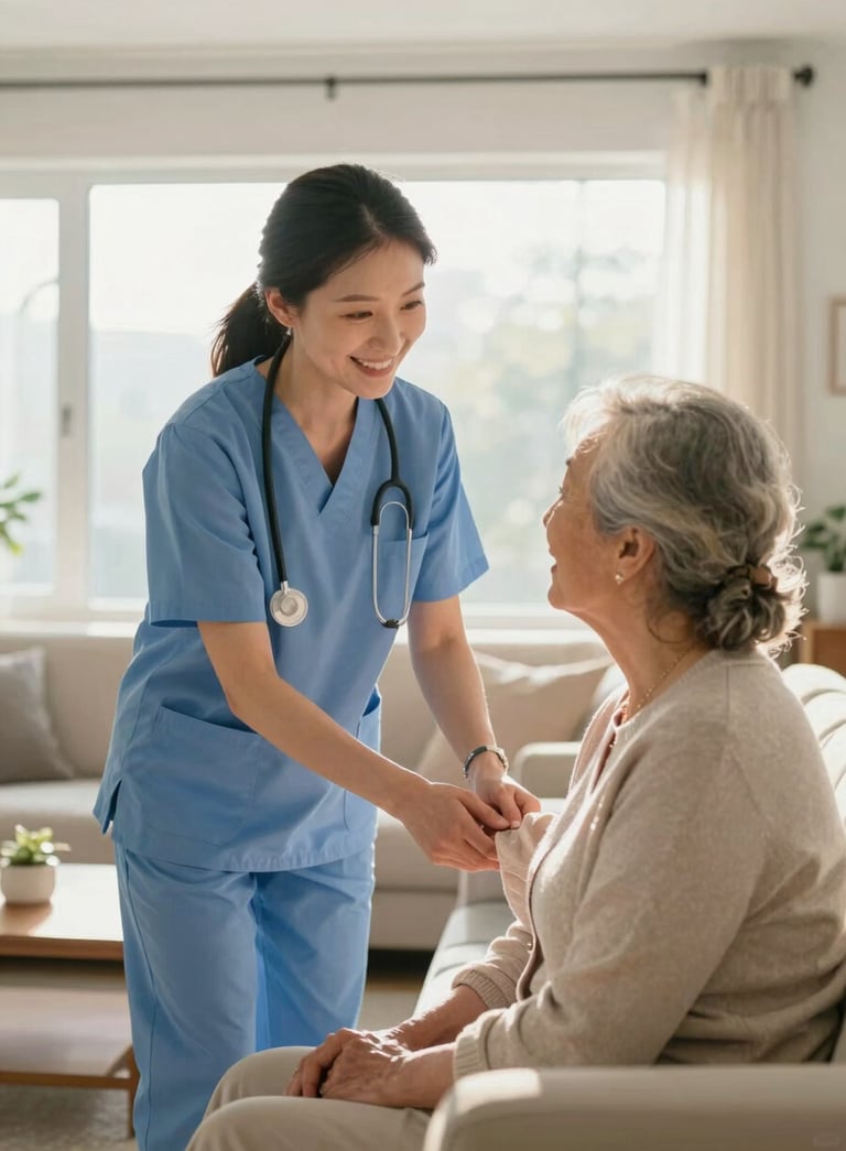 A professional caregiver in a soft morning mist colored uniform smiling at a senior woman in a bright, modern North American / US living room. The lighting is warm and reassuring.